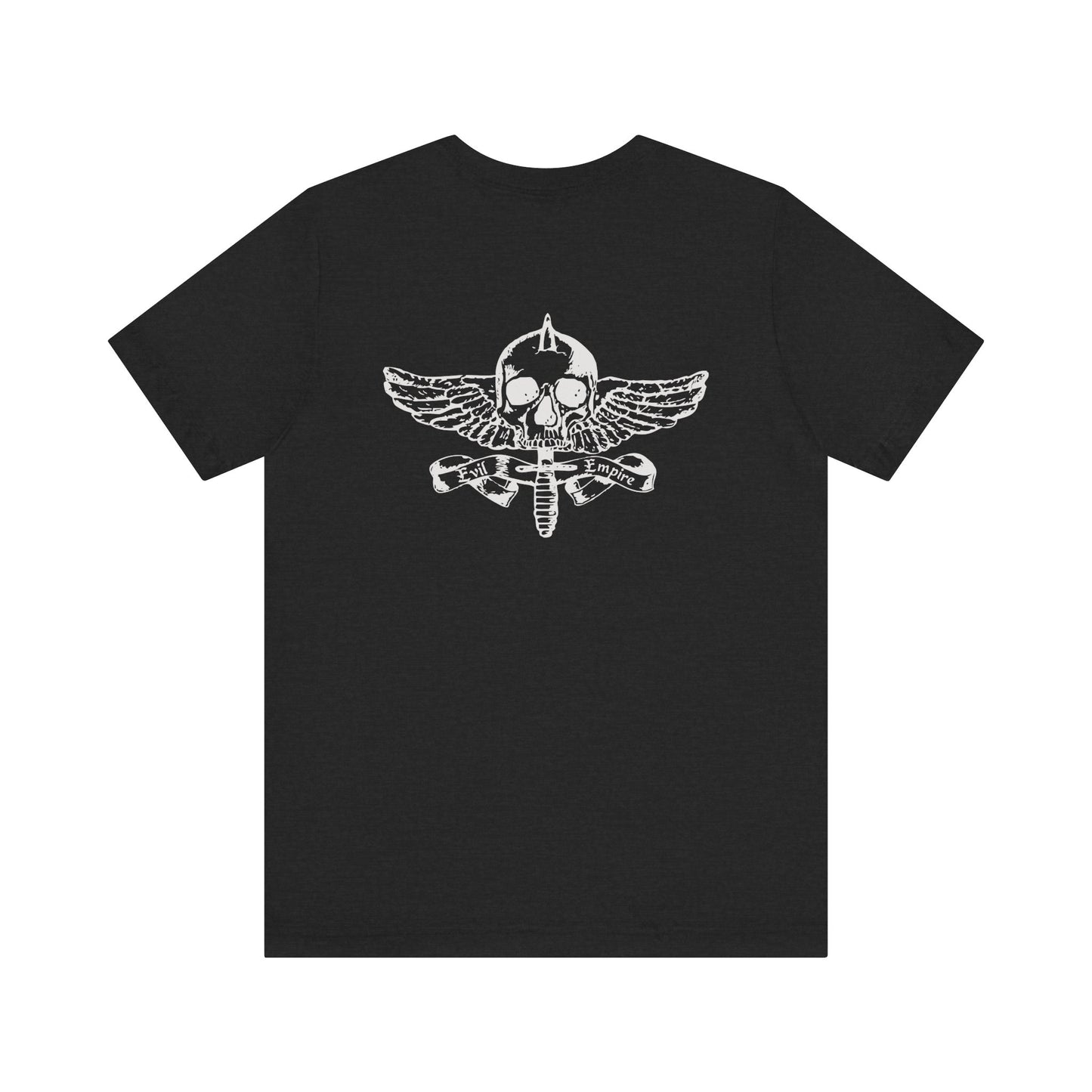 Evil Empire silver EE logo on front Unisex Jersey Short Sleeve Tee