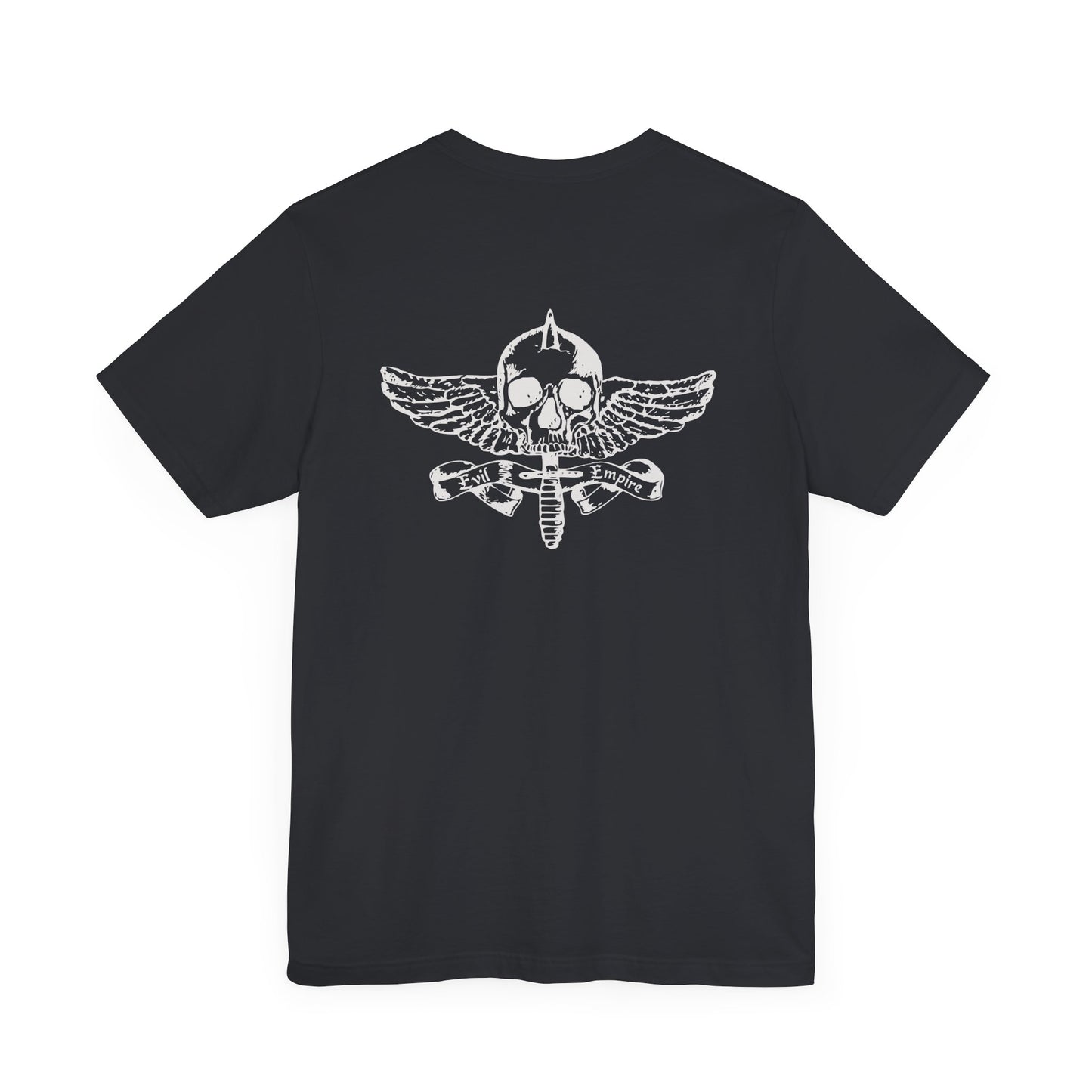 Evil Empire silver EE logo on front Unisex Jersey Short Sleeve Tee